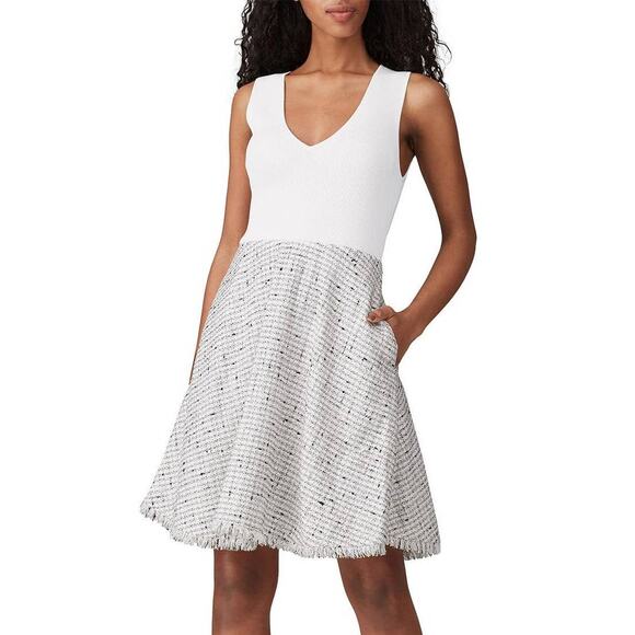 Ted Baker London Adalad A-Line Dress 0 Sleeveless Tweed Skirt Frayed Hem V-Neck - Picture 1 of 10